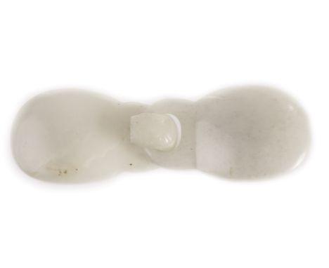 A Chinese hardstone belt buckle, each of the white jade style stone with carved plain oval panel, the hook with engraved desi