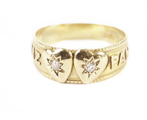 An 18ct gold and diamond Mizpah ring, having two hearts set with old cuts and marked MIZPAH, hallmarked 