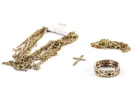 A group of 9ct gold and other yellow metal chain and items, including several chain link necklaces, a cross pendant and a rin