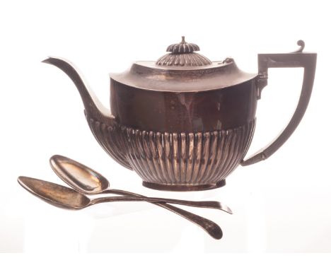A George V silver teapot, having gadrooned lower and lid, dented, approx 17ozt, together with a pair of pair of George III si