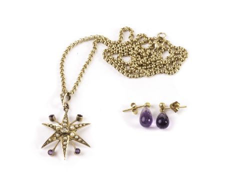 A Victorian 9ct gold diamond and seed pearl pendant, in the form of a star, AF, with applied posts set with amethysts, togeth