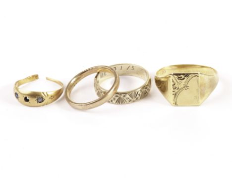 Two 9ct gold wedding bands, one plain and one with engraved design, approx 5.7g, together with a damaged 18ct gold ring, 1.3g