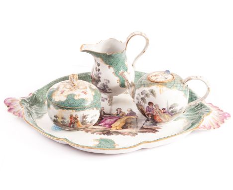 An early 20th century associated bachelor’s tea set, with Meissen second state marks to the base of the milk jug and sucrier,