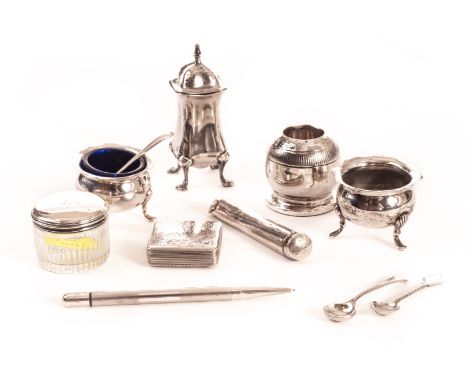 A small group of silver items, including as silver cased amber cheroot holder, a pair of salts by Henry Wilkinson, Sheffield 