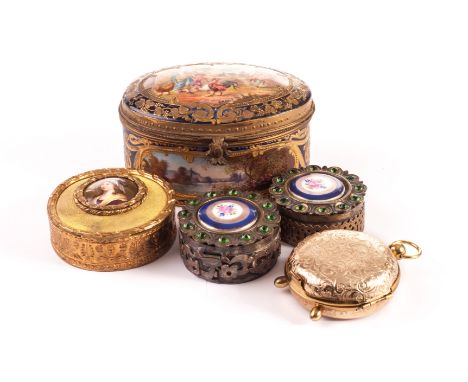 A late 19th century gilt metal mounted Sevres style cobalt blue ground oval box and cover, the reserve on the lid decorated w