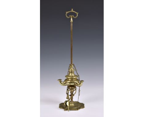 A 19th century Lucerne / Whale oil lamp, of typical form with original tools - wick pick, snuffer, wick trimmer / tweezers, 1