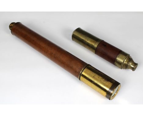 Two 19th century leather clad brass telescopes, the bigger, single drawer, marked Dollond London Day or Night, 53cm. when clo