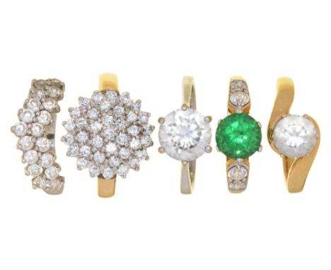 FIVE GEM SET RINGS IN 14CT GOLD, 15.5G, SIZES J - L++LIGHT WEAR CONSISTENT WITH AGE 