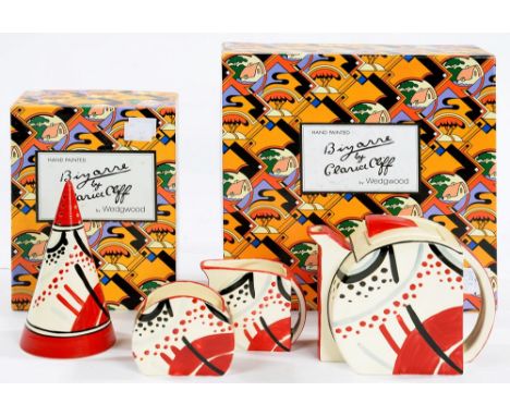CLARICE CLIFF. A WEDGWOOD BIZARRE TEA SET AND SUGAR SHAKER BASED ON THE CLARICE CLIFF ORIGINAL, PRINTED MARKS, BOTH BOXED 