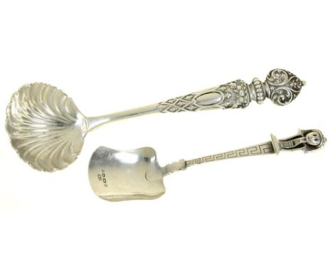 A VICTORIAN SILVER CREAM LADLE WITH FLEUR-DE-LIS TERMINAL, 15 CM L, SHEFFIELD 1876 AND A VICTORIAN SILVER CADDY SPOON WITH HE