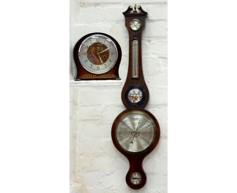 AN INLAID MAHOGANY BAROMETER, THE SILVERED DIAL INSCRIBED COMITTI HOLBORN, 92CM H AND A SMITHS OAK MANTEL CLOCK 