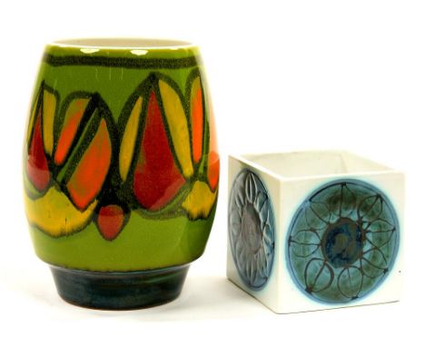 A TROIKA CUBE VASE, 8CM H, PRINTED MARK, C1960'S AND A POOLE OVIFORM DELPHIS VASE