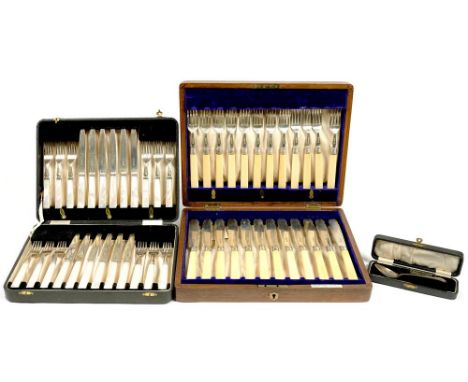 THREE CASED SETS OF SILVER FLATWARE, INCLUDING MOTHER OF PEARL AND BONE HAFTED, GEORGE V AND LATER
