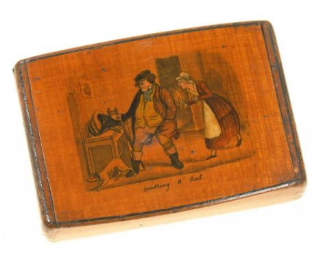 TREEN. A VICTORIAN VARNISHED SYCAMORE SNUFF BOX, THE SLIGHTLY DOMED LID WITH HAND COLOURED PRINT OF 'SMELLING A RAT', 5.5CM L