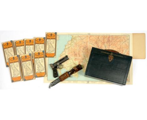 A WEBLEY JUNIOR .177 AIR PISTOL, A UTILITY KNIFE AND BLACK STEEL SHEATH WITH CLIP BACKED BLADE BLADE, LEATHER HANGER AND A VI