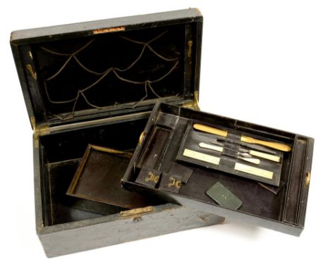 A VICTORIAN NAVY MOROCCO WRITING BOX WITH FITTED INTERIOR AND SEVERAL CONTEMPORARY ACCESSORIES, INCLUDING A TRAVELLING INKWEL