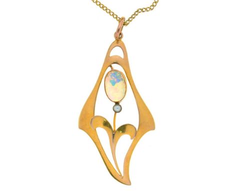 AN ART NOUVEAU OPAL AND SPLIT PEARL PENDANT IN GOLD MARKED 9CT, ON A GOLD CHAIN MARKED 9CT, 5G++DARK SOLDER REPAIR TO BACK, L