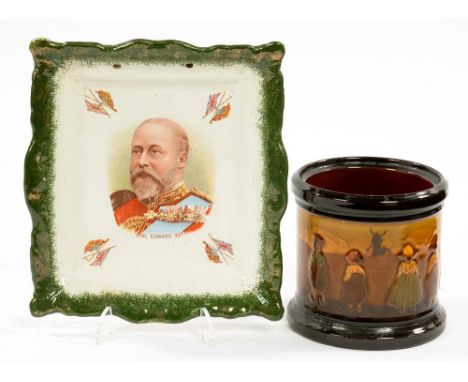 A ROYAL DOULTON KINGSWARE TOBACCO JAR, 11.5CM H, PRINTED MARK, EARLY 20TH C AND A STAFFORDSHIRE ROYAL COMMEMORATIVE EARTHENWA