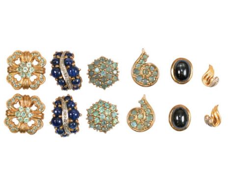 FIVE PAIRS OF GEM SET 9CT GOLD EARRINGS, INCLUDING A PAIR OF SAPPHIRE AND DIAMOND EARRINGS, AND ANOTHER PAIR OF DIAMOND EARRI