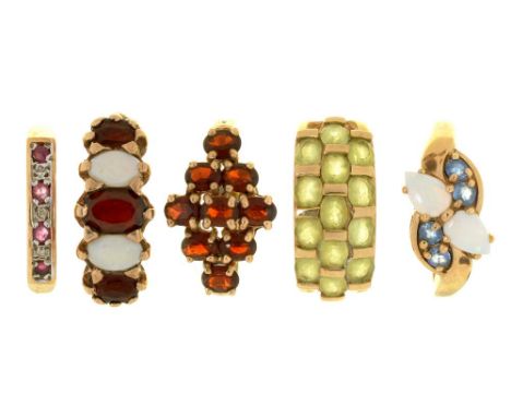 FIVE GEM SET 9CT GOLD RINGS, INCLUDING A RUBY AND DIAMOND RING AND AN OPAL AND GARNET RING, 15G, SIZES L - N++LIGHT WEAR CONS