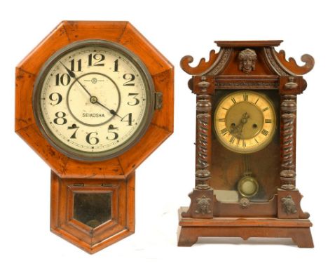 A STAINED WOOD MANTEL OR SHELF CLOCK, 46CM H, LATE 19TH C AND A MAHOGANY SEIKOSHA DROP CASED WALL CLOCK, 53CM H