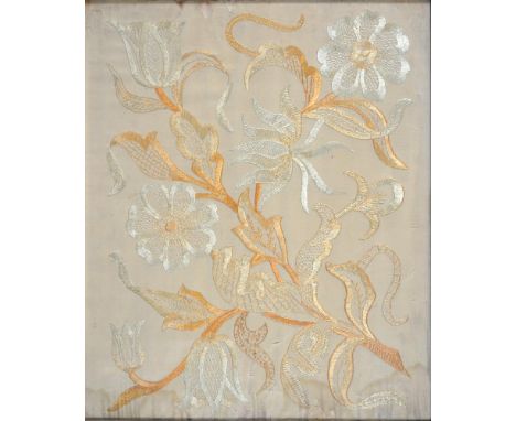 AN ARTS AND CRAFTS FLORAL PANEL EMBROIDERED WOOL ON LINEN PANEL, 47 X 39CM, HANSLIP FLETCHER, KEATS HOUSE HAMPSTEAD, LITHOGRA