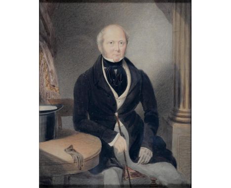 19TH C SCHOOL, PORTRAIT OF A SEATED GENTLEMAN WITH BLACK CRAVAT AND WALKING CANE, WATERCOLOUR, 35 X 29CM 