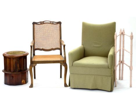 A VICTORIAN MAHOGANY COMMODE WITH WOOLWORK TOP, PAINTED TOWEL RAIL, ELBOW CHAIR, ETC
