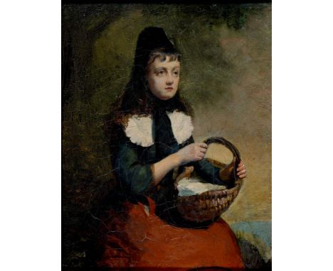 19TH C SCHOOL, PORTRAIT OF A YOUNG GIRL SEATED WITH A BASKET, OIL ON CANVAS, 30 X 23CM 