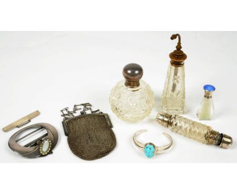 MISCELLANEOUS SILVER AND OTHER ARTICLES, INCLUDING A JEFFERSON BEYTA TURQUOISE BANGLE IN SILVER, A GEORGE V SILVER MOUNTED GL