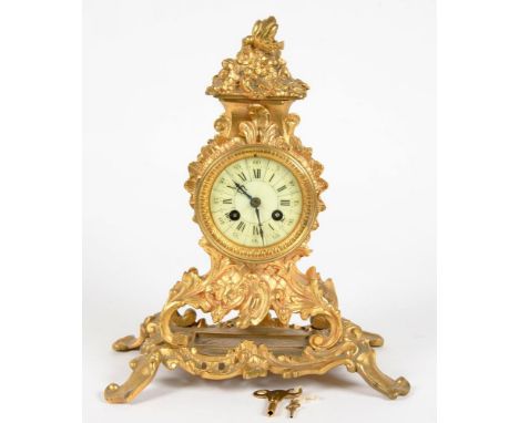 A FRENCH GILTMETAL MANTEL CLOCK WITH PRIMROSE ENAMEL DIAL, 31CM H, LATE 19TH C