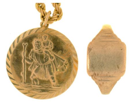 A 9CT GOLD ST CHRISTOPHER PENDANT ON A GOLD PRINCE OF WALES TWIST CHAIN MARKED 9K, AND A 9CT GOLD SIGNET RING, 12.5G++SIGNET 