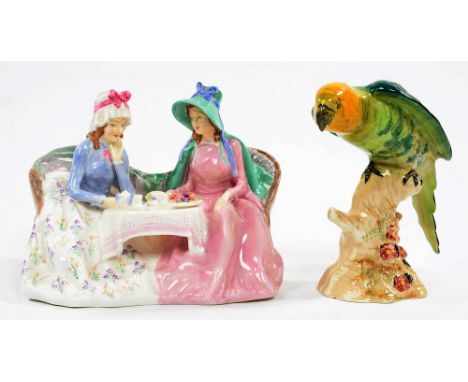 A ROYAL DOULTON BONE CHINA GROUP OF MORNING TEA, 13.5CM H, PRINTED MARK AND TITLE, PAINTED HN 1747 AND A BESWICK PARAKEET 