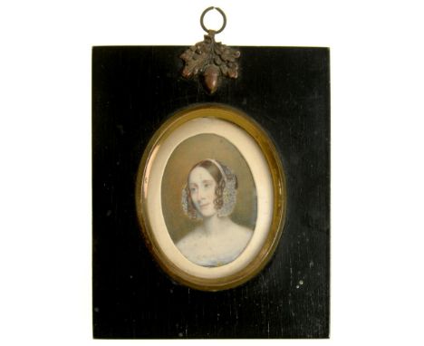ENGLISH SCHOOL, PORTRAIT MINIATURE OF A LADY, IVORY, OVAL, 5 X 3.5CM, LATER EBONISED STRUT FRAME