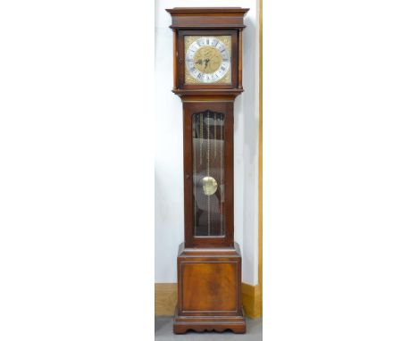 A MAHOGANY LONGCASE CLOCK WITH SILVERED DIAL AND CHIMING MOVEMENT, 170CM H X 43CM W