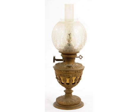 A VICTORIAN STYLE GILTMETAL OIL LAMP WITH ETCHED SHADE, 50CM H