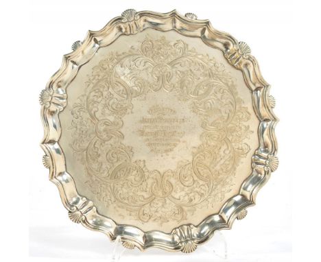 A GEORGE II SILVER SALVER, 27.5 CM DIAM, INSCRIBED PRESENTED TO JOSEPH WRIGHT ESQ BY THE OFFICERS OF THE WESTERN GAS LIGHT CO