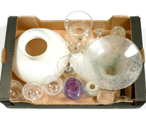 MISCELLANEOUS CUT AND COLOURED GLASSWARE, INCLUDING A WHITE GLASS LAMP SHADE AND A DARTINGTON GLASS INKWELL, ETC