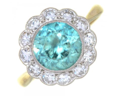 AN EDWARDIAN BLUE ZIRCON AND DIAMOND CLUSTER RING, IN GOLD MARKED PLAT 9CT, 3.5G, SIZE L++LIGHT WEAR CONSISTENT WITH AGE, SIG