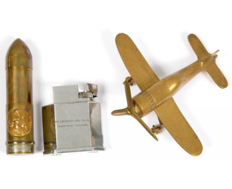 A WWII BRASS MODEL AEROPLANE, A BRASS SHELL CASE CANISTER AND A TALLENT CHROMIUM PLATED TABLE LIGHTER 