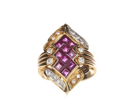 RUBY AND DIAMOND RING, set with princess cut rubies and round brilliant cut diamonds totalling approximately 0.30 carats, mar
