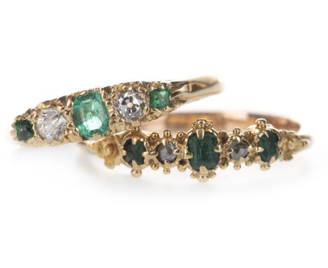 GREEN GEM SET AND DIAMOND RING, the cushion shaped green gems interspaced by old cut diamonds totalling approximately .014 ca