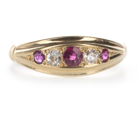 RED GEM SET AND DIAMOND RING, the round red gems interspaced by old cut diamonds totalling approximately 0.10 carats, in eigh