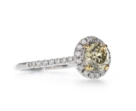 GIA CERTIFICATED FANCY COLOUR DIAMOND RING, the round brilliant cut diamond of approximately 1.02 carats, with accompanying G