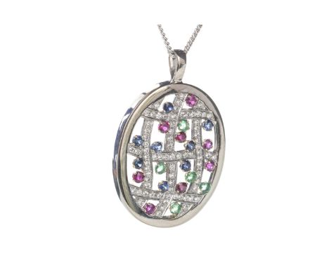 DIAMOND, RUBY, EMERALD AND SAPPHIRE PENDANT, of oval form, 37mm high, set with rubies, emeralds and sapphires surrounding a l