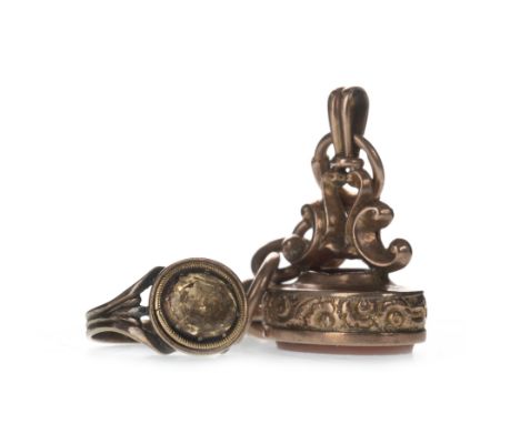 GOLD SEAL FOB, with range hardstone and engraved initials, marked 9C, on a small chain marked 9 and 375, suspended from a nin