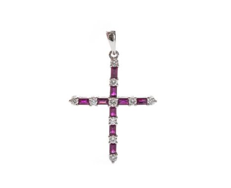 RUBY AND DIAMOND CROSS, set with baguette rubies interspaced by round brilliant cut diamonds totalling approximately 0.33 car
