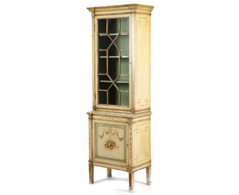 A painted cabinet in Adam revival style, decorated with ribbon tied swags and baskets of flowers, with an astragal glazed doo