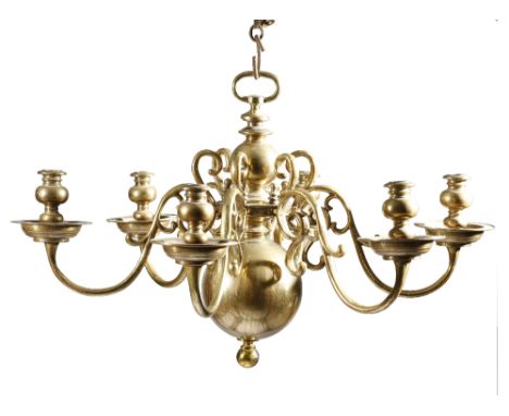 An 18th century Dutch brass six-light chandelier, with a ring top above a ball turned stem, with detachable scroll branches, 