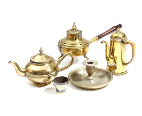 A small collection of brass ware, comprising: an 18th century incense burner, with a turned mahogany handle and a pierced hin